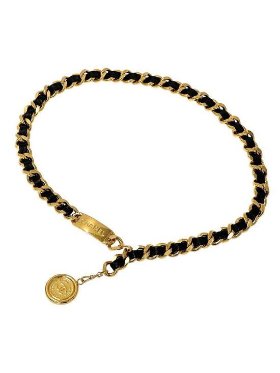 Chanel Belt Cambon Leather Chain Gold Black Logo Plate CC Thick main image 7